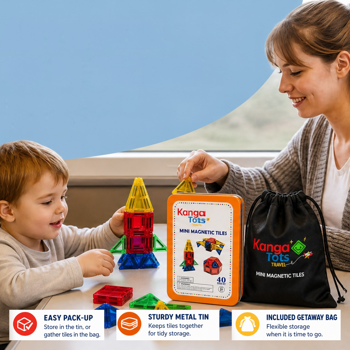 Kangatots mini magnetic tiles made for travel with branded metal tin and Getaway Bag