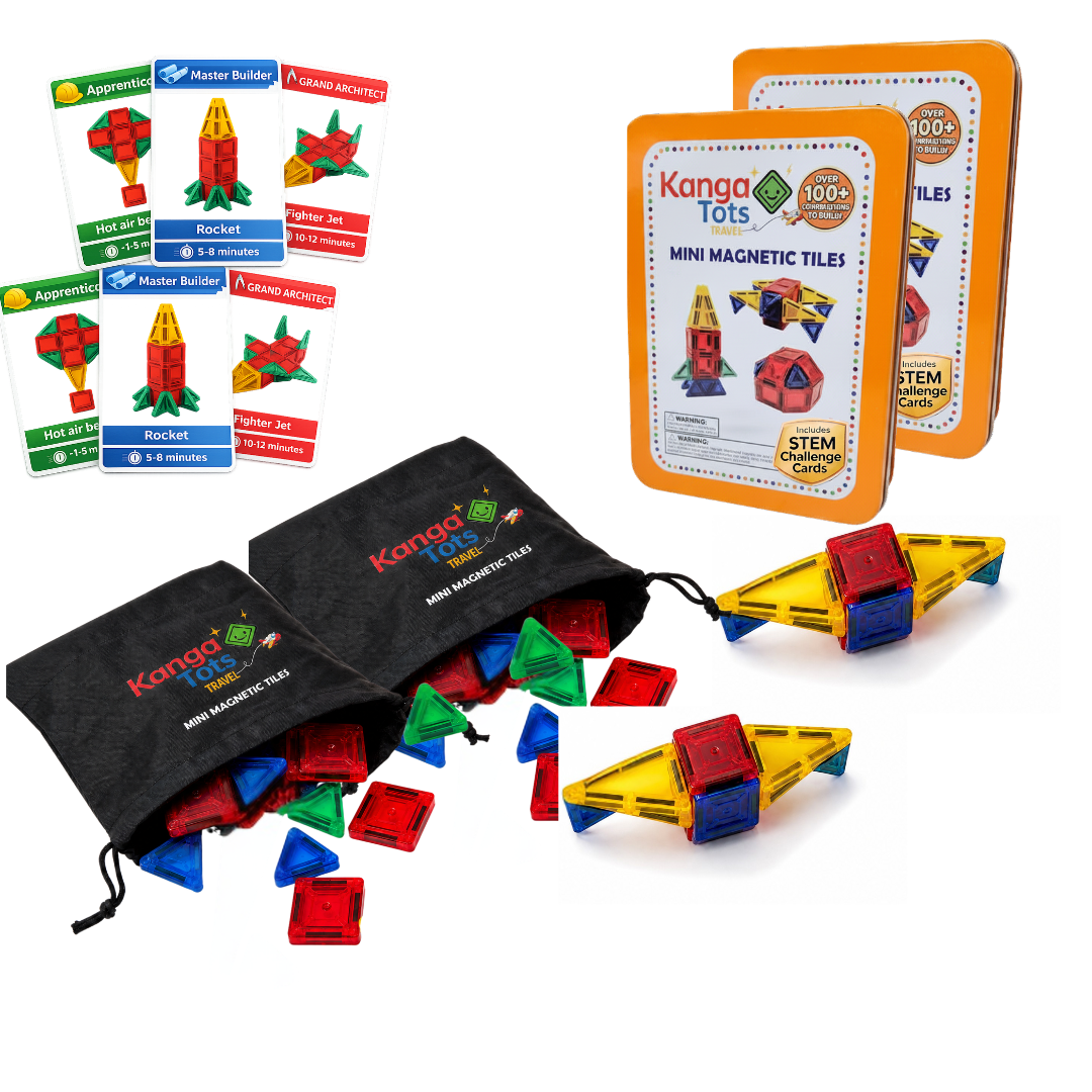 Two Kangatots Travel Challenge Kits with magnetic tiles, challenge cards and getaway bags