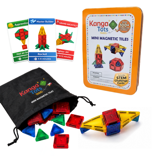 Kangatots Travel Challenge Kit with mini magnetic tiles, 24 challenge cards and getaway bag